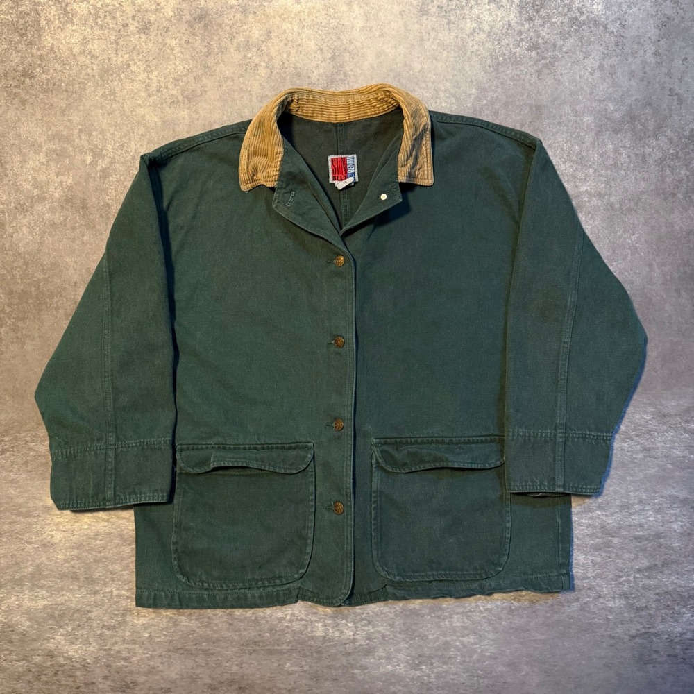 Vtg Sunbelt Denim Barn Jacket Womens XL Forest Green Corduroy Collar Chore Coat